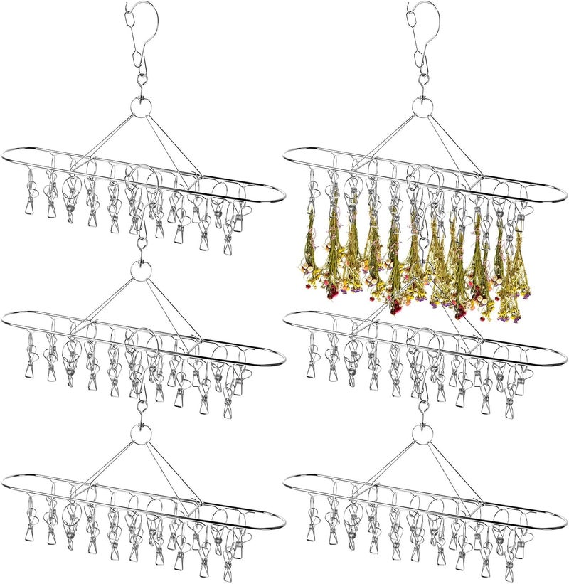 BrightRow 6 Pcs Herb Drying Rack Hanging - Stainless Steel with Clips Clothes Laundry Drying Rack Hanger Collapsible for Plants Bud Weed Onion Macrame Flower Spices(Oval) - Image 1